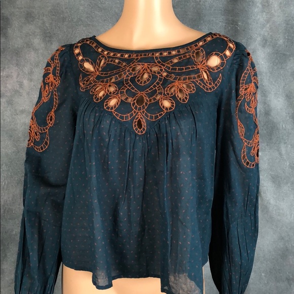 Free People Tops - NWT Free People Embroidered Gauze Teal Blouse sz S